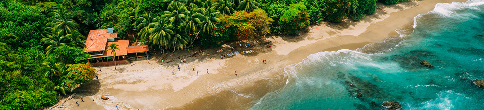 Pemandangan pesisir tropis yang dilihat dari atas, dengan pantai berpasir dan hijaunya pohon-pohon nyiur.